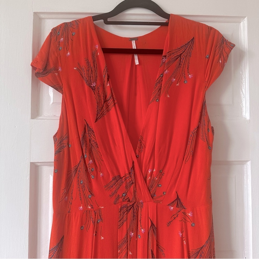 Free People Retro Coral Floral Print Dress Size 10 EUC Orange with Pockets - Picture 5 of 14